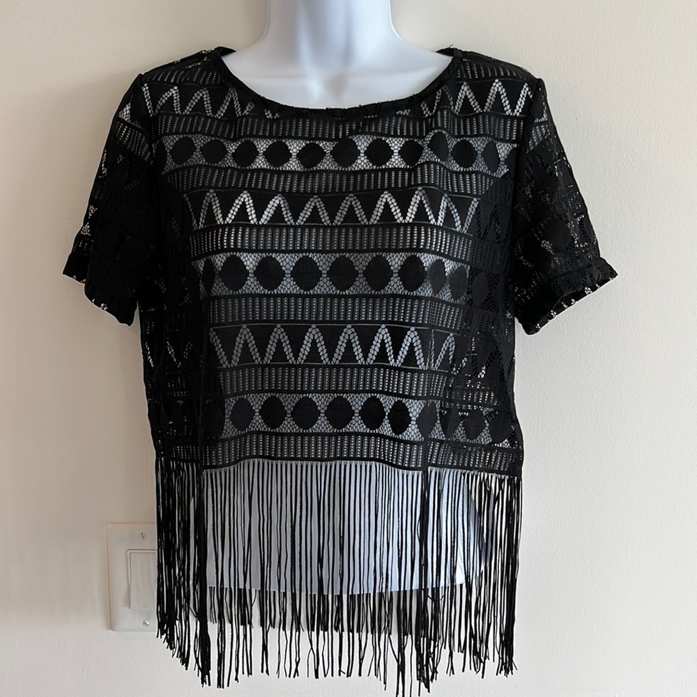 NWT Black lace fringe top